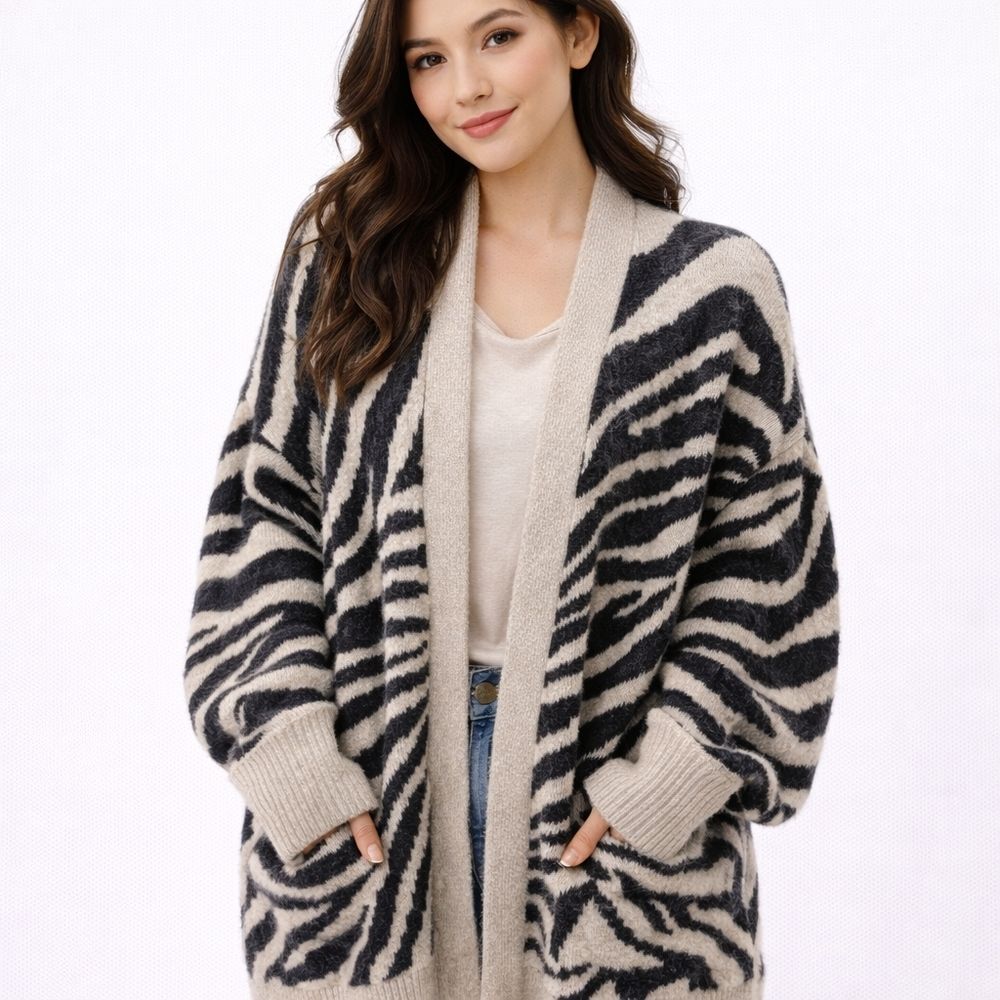 YesLola Zebra Print Long Cardigan XS Cozy Oversized Y2K Soft Knit Sweater